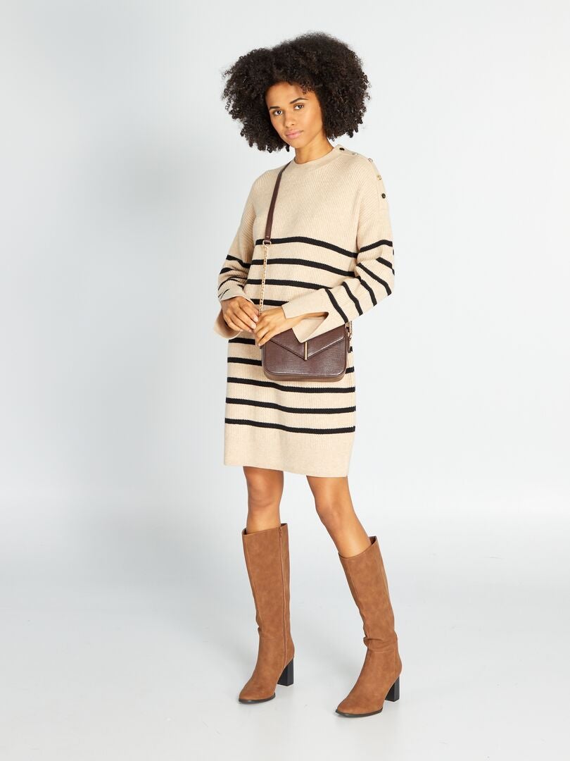 Gestreepte maxi-trui met lange mouwen - Beige/Zwart