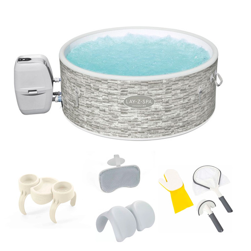 Set Spa Rotund Bestway 155x60 cm pentru 3-5 persoane cu 4 perne, 2 suporturi pentru băuturi + kit de curățare
