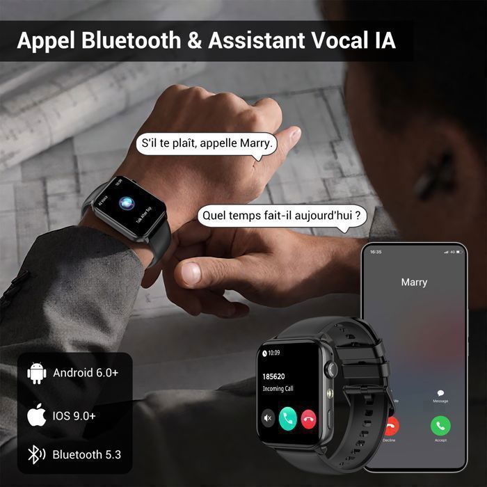 Blackview Smartwatch voor mannen en vrouwen, sport, GPS, bellen, IP68, stappenteller, 1,91 inch scherm, compatibel met Samsung, iPhone, Huawei, Xiaomi, Android en iOS