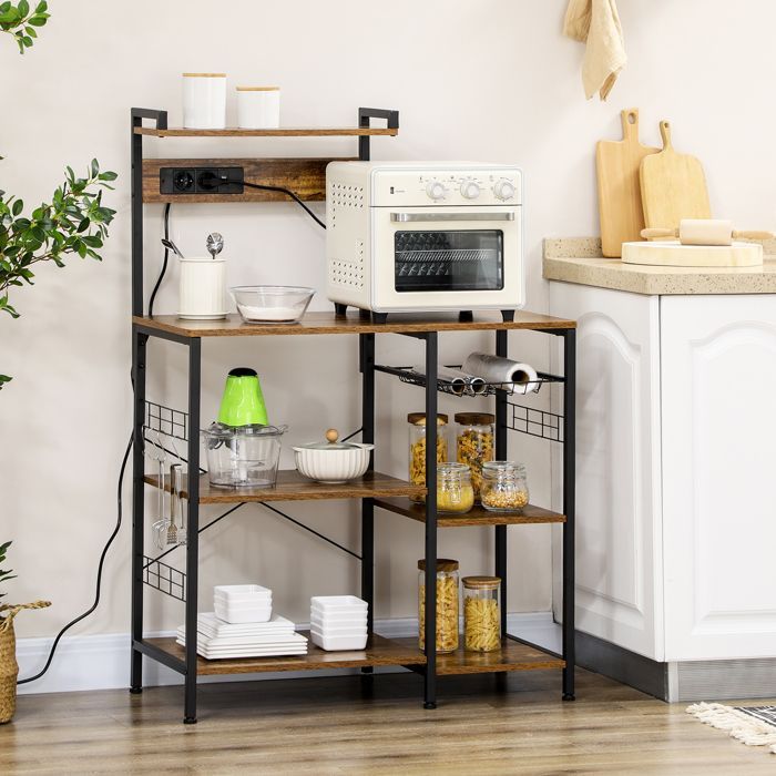 Estantería de cocina con tomas de corriente integradas, mueble para microondas con estantes y cesta de rejilla, estilo industrial, marrón.