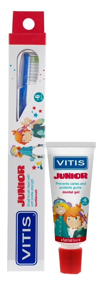 DENTAID VITIS Vitis Junior Zahnbürste für Kinder ab 6 Jahren + 15 ml Zahnpasta-Gel
