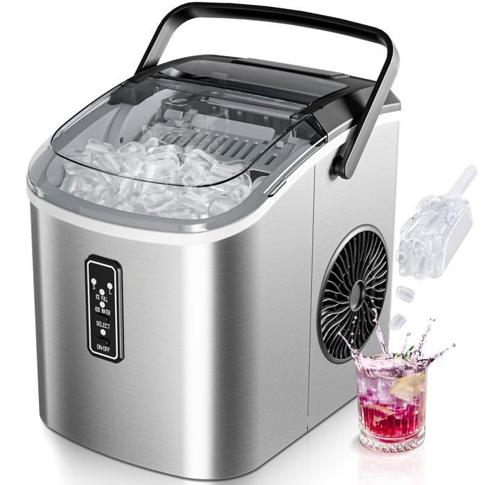 Tragbarer Eiswürfelbereiter – EUHOMY – 12 kg/24 h – Edelstahl – Mit Zubehör – Selbstreinigungsfunktion – GRAU