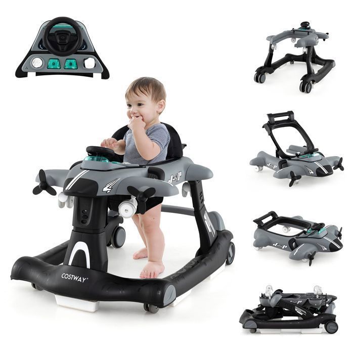 Andador plegable 6 en 1 para bebés COSTWAY - Diseño de avión - Altura ajustable - Caja de música con luces LED - Bandeja de alimentación - De 6 a 18 meses - Gris