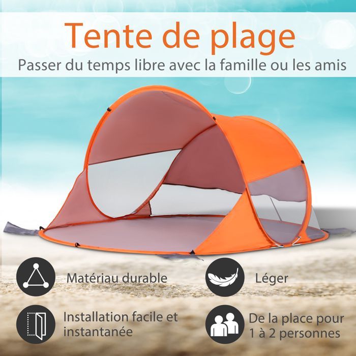Outsunny - Abri de plage - Tissu de polyester - 200x120x90cm - Orange
