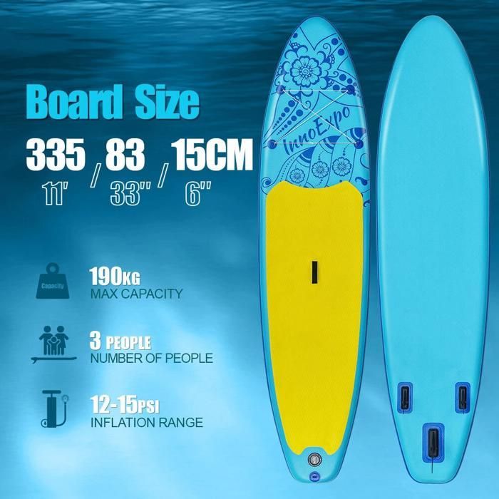 InnoExpo SUPIE70E – Prancha de stand up paddle inflável 335×83×15 cm, capacidade de carga de 190 kg, grande capacidade, SUP para uso individual, família (2+1) e animais de estimação.