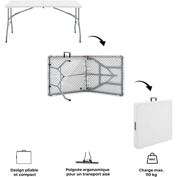 Mesa de recepción plegable - TERRANOVA - Blanca - Estructura de acero y tablero de polietileno HDPE - 6 personas - 152 x 70 x 73,5 cm