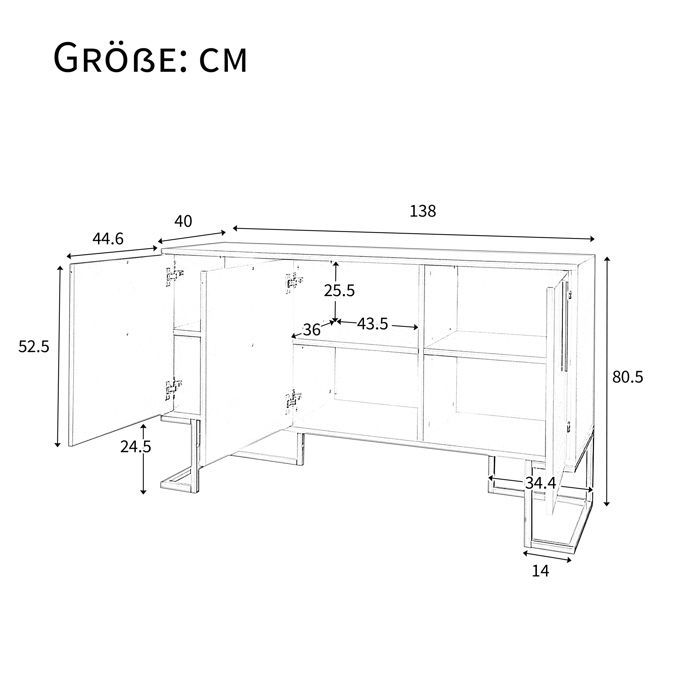 Aparador moderno con estantes ajustables - 3 puertas en forma de U - tiradores y base metálicos - Negro