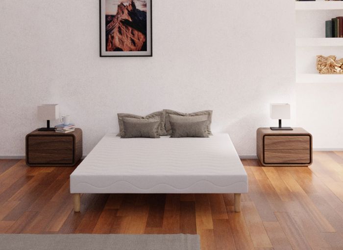 Base de cama tapizada - 160x200 - 12 listones de pino macizo - Blanca - Patas incluidas - ELITE