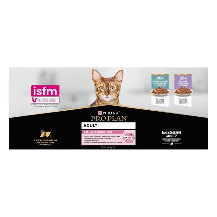 PRO PLAN Adult Delicate Digestion Salsa de pavo y pescado 40 sobres de 85 g para gatos adultos