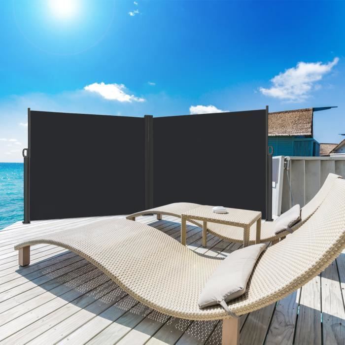 LILIIN Double Side Awning Retractable Privacy Screen Polyester Aluminum Post for Garden Terrace, 180x600cm, Dark Grey