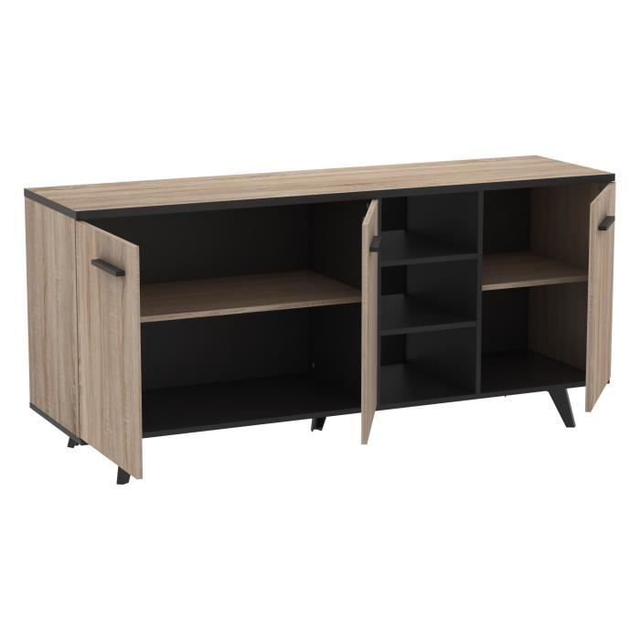 Conjunto de salón DEMEYERE: Aparador + Mesa alta + Vitrina - Acabado en roble cepillado - WAYNE