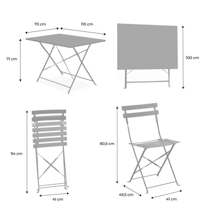 Salon de jardin bistrot pliable - Emilia rectangulaire vert de gris - Table 110x70cm avec quatre chaises pliantes. acier thermolaqué