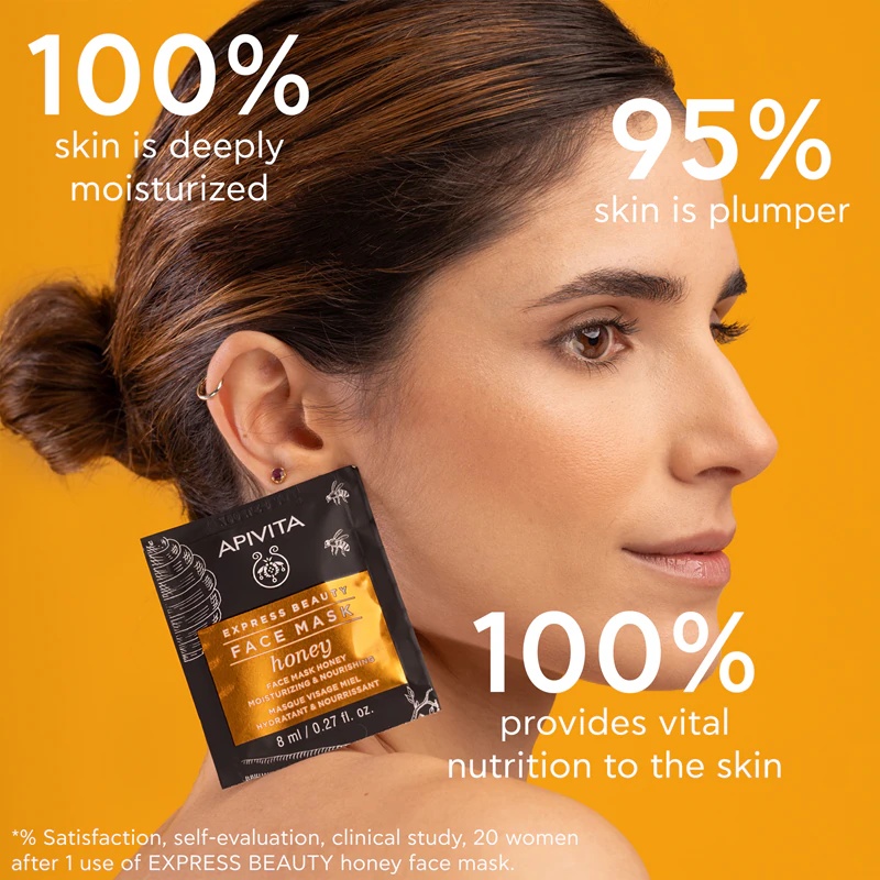„Apivita Express Beauty“ maitinamoji veido kaukė. Drėkinamoji ir maitinamoji medaus veido kaukė.
