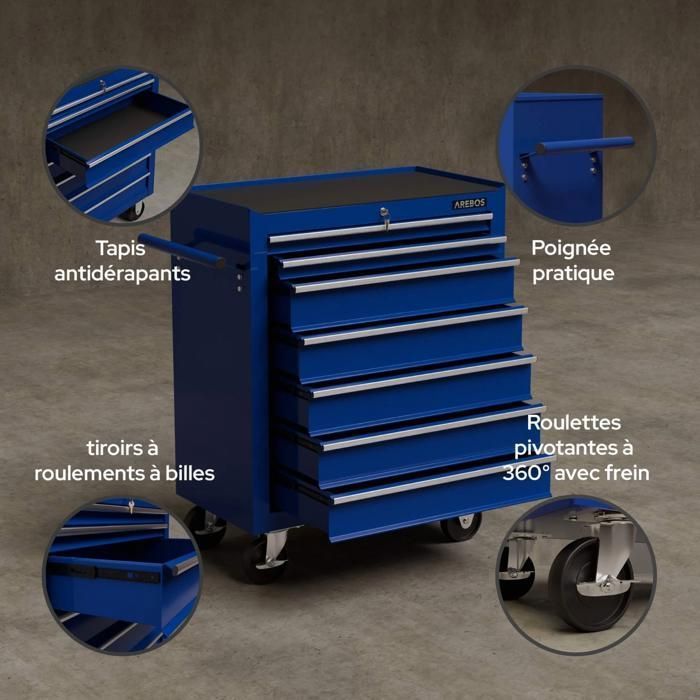 AREBOS Chariot à outils 7 tiroirs, robuste, sécurisé, avec roulettes pivotantes et grande capacité de rangement.