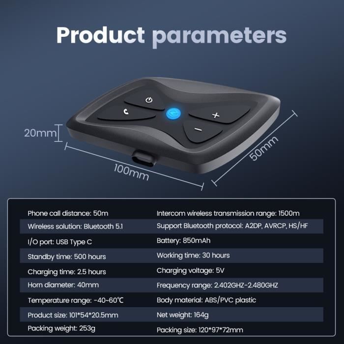 Intercomunicador Bluetooth para motocicleta - Kit de intercomunicador inalámbrico para casco de motocicleta - Resistente al agua hasta 1500 m (IP65) - Control de llamadas