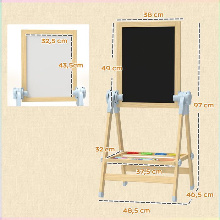 Caballete infantil - AIYAPLAY - doble cara - pizarra regulable en altura y pizarra magnética - 48,5 x 46,5 x 70-97 cm - color natural