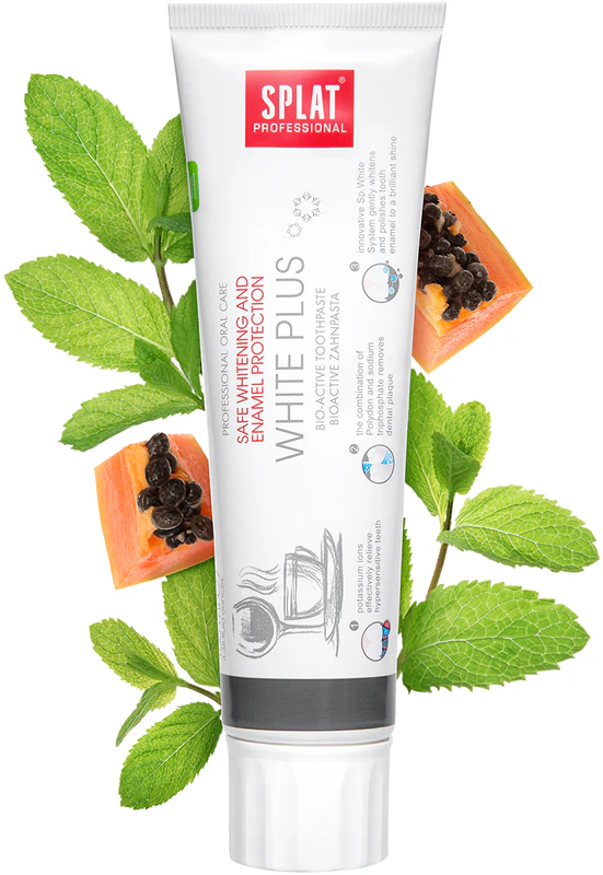 Creme dental bioativo Splat Professional White Plus para clareamento seguro e proteção do esmalte.