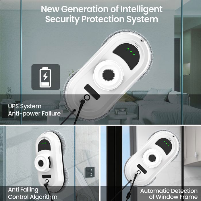 Robot limpiacristales eléctrico de 6000 Pa con mando a distancia, cable de seguridad, pulverización automática de agua y planificación de trayectoria.