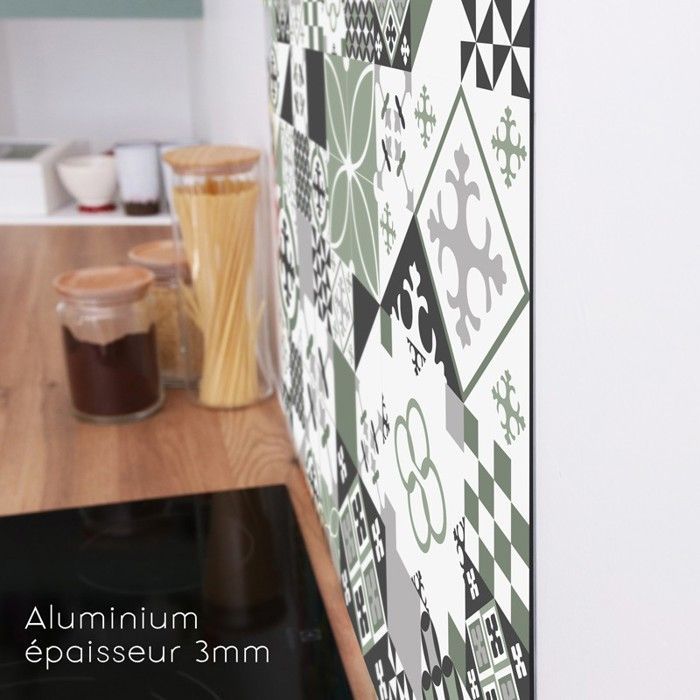 Fond de hotte en aluminium - effet carreaux de ciment vert - 70x90 cm - 99 Déco