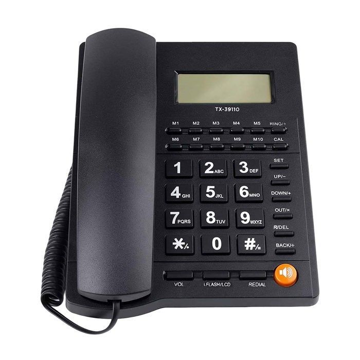 Telefone fixo multifuncional com fio, tela LCD e teclas M1 a M10, preto.