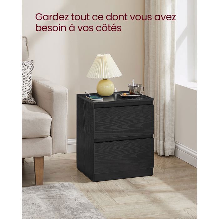 VASAGLE Lot de 2 Table de Chevet avec Multiprise, Table d'Appoint, 2 Tiroirs, 2 Prises CA, 2 Ports USB-A, Moderne, Noir Boisé