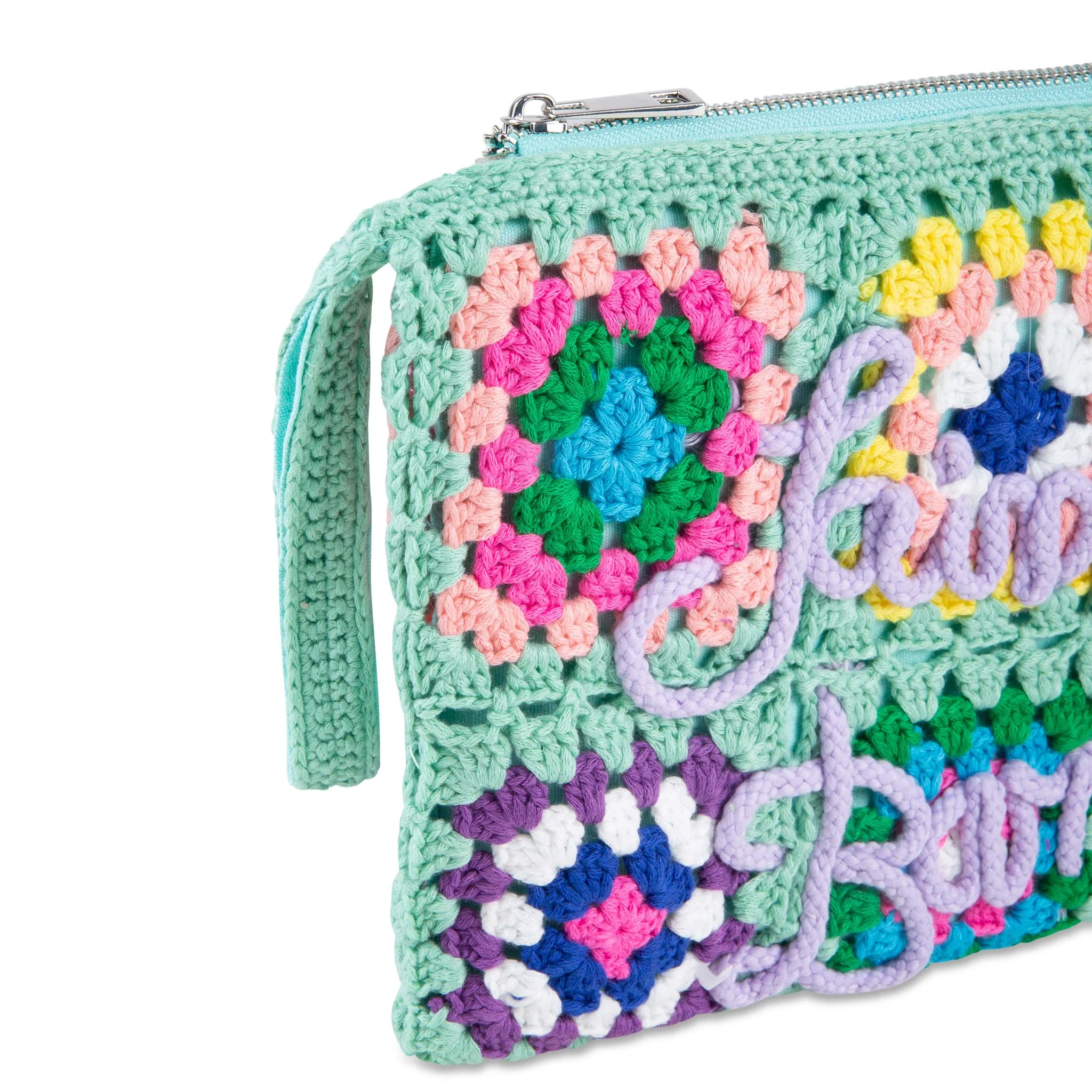 Pochette Parisienne au crochet vert aqua avec broderie Saint Barth