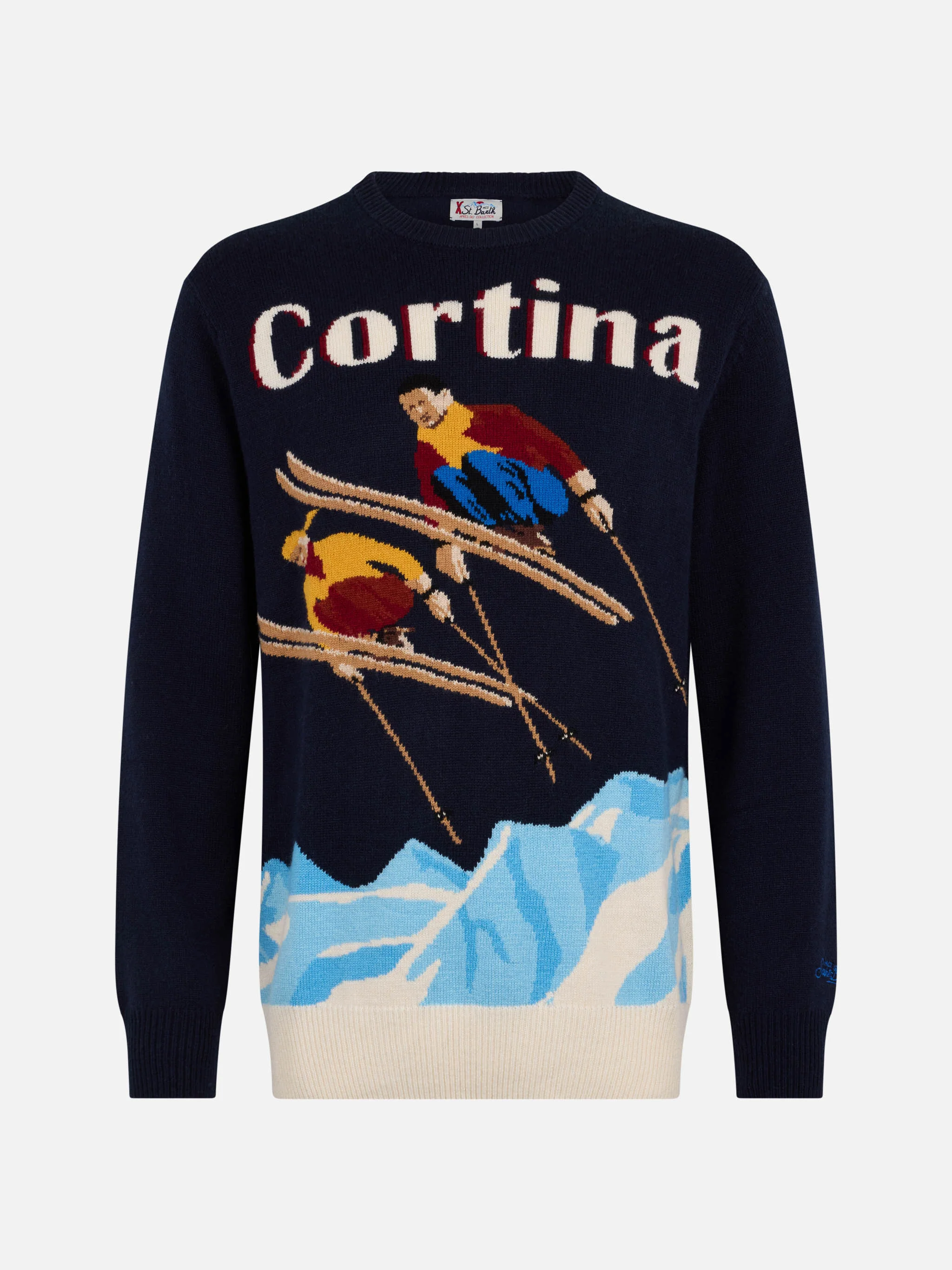 Heron herentrui in blauw met Cortina ski-koppel ansichtkaartprint