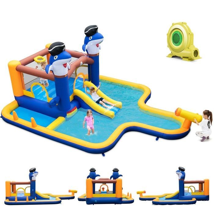 Château Gonflable 7 en 1 Enfants DREAMADE avec Souffleur 680W, Toboggan, Trampoline, Piscine Jeu de Boxe, Canon à Eau, 3 - 10 Ans
