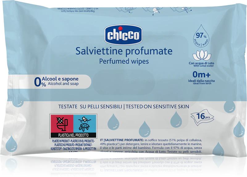 Lenços umedecidos perfumados Chicco 0m+ para bebês com fragrância suave.