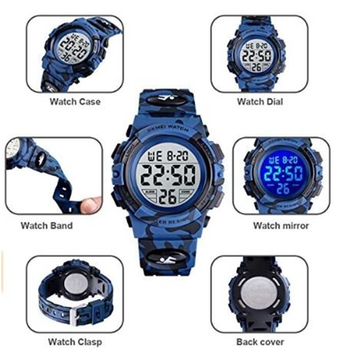 KZKR Montre Numérique pour Enfant Garçon Chronomètre 12-24H avec Réveil Montre de Sport Camouflage