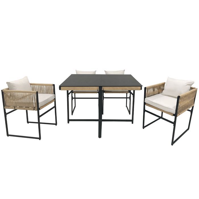 Ensemble table et chaise de jardin - 4 places - 1 table et 6 chaises décorées de corde - Beige