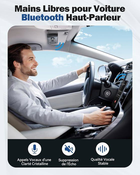 Kit Main Libre Voiture Bluetooth 5.3, GPS Haut-Parleur Micro Musique Assistant Siri&Google Auto Reconnexion, 800mAh Slot Carte TF