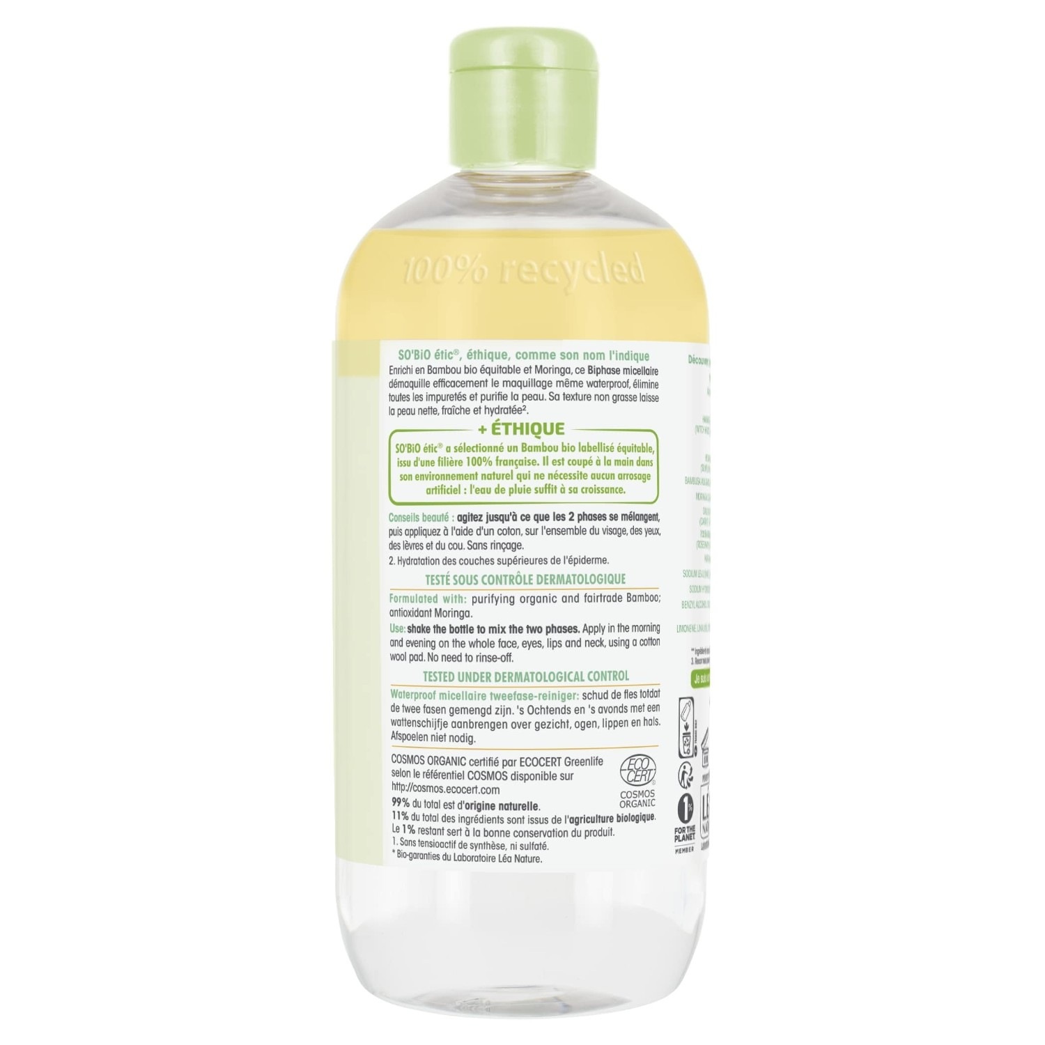 SO BiO étic Biphase micellaire waterproof, Bambou bio équitable, tous types de peaux - Grand format