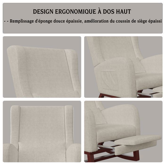 Fauteuil à bascule - Repose-pieds réglable - Rocking Chair - Fauteuil d'allaitement - avec 2 poches - Pieds en Bois Massif - Beige