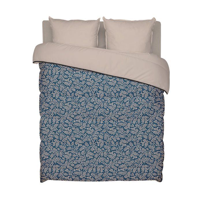 Edredón estampado cálido Omara 220x240cm para cama doble - Edredón de microfibra de 350 g/m² fabricado en Francia - Azul pavo real/Beige - BLEU CALIN