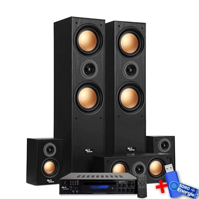 Ensemble Home-Cinéma - Evidence Acoustics EA950-PG - 5 enceintes 850W Ampli 5.2, USB BT FM - 4 x75W, 3 x20W+ Clé USB 32G