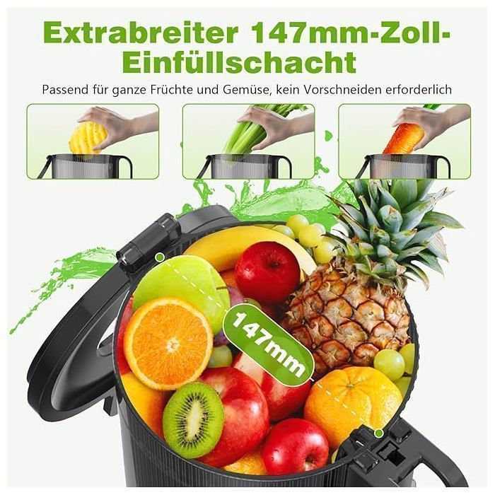 Slow Juicer, Wide 147mm Feed Chute and 400W Motor, Quick Cleaning Installation, 99% Juice Yield, 1.8L, Grey