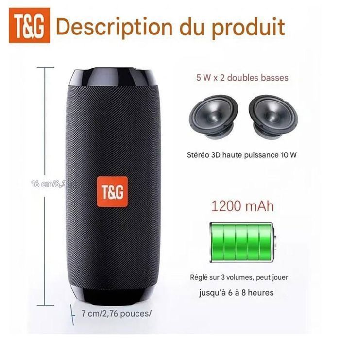 Enceinte Bluetooth Portable Noir TG117 – Haut-Parleur Sans Fil Étanche avec Son Puissant 5.3, LED RGB et Autonomie 5H