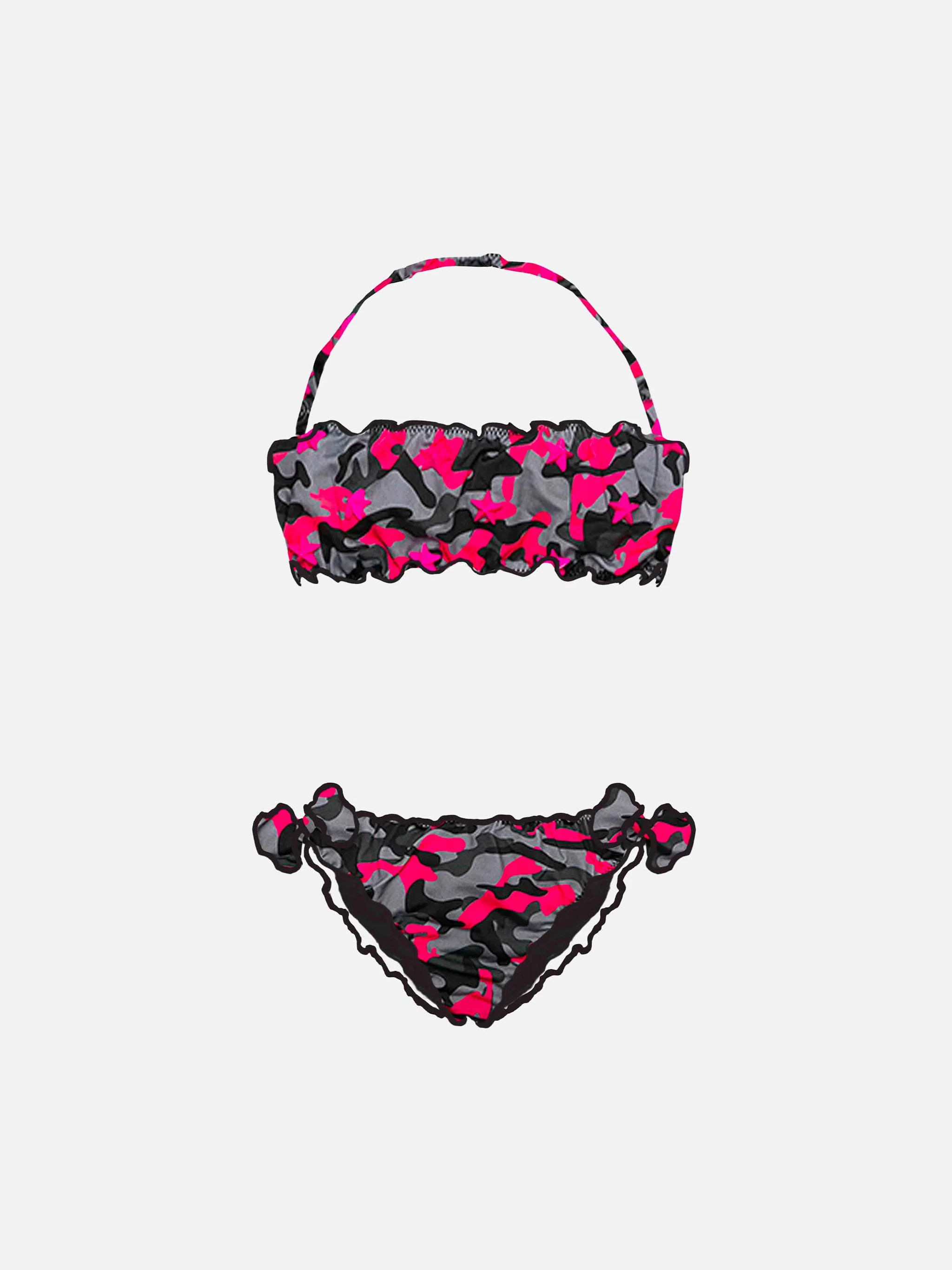 Bandeaubikini voor meisjes met fuchsia camouflageprint
