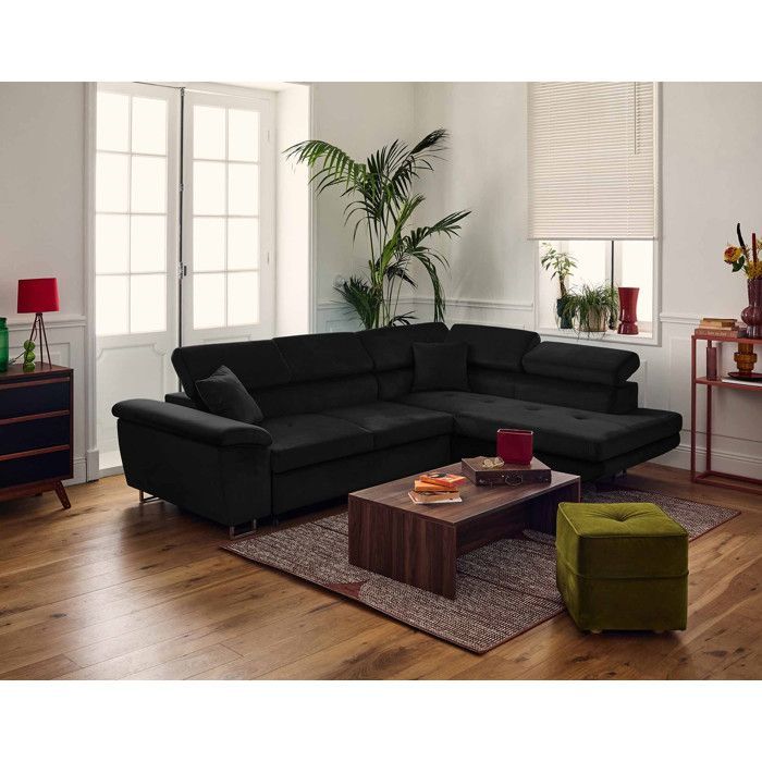 Dimas – 5-Sitzer Ecksofa rechts – ausziehbar mit Stauraum und verstellbaren Kopfstützen – in Samt – Schwarz