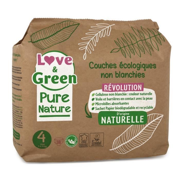 LOVE AND GREEN Hypoallergena oblekta blöjor från Pure Nature - miljömärkta Storlek 4 x 38 (7 till 14 kg)