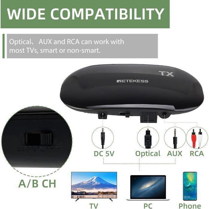Retekess TA005-TA006 Wireless Headphones for Watching TV, with Transmitter, Supports Optical, Coaxial, AUX, and RCA Inputs