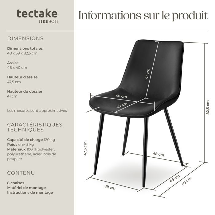 Sillas - TECTAKE - Juego de 8 sillones MONROE con tapicería de aspecto aterciopelado, asiento ergonómico y patas de acero negro - Negro