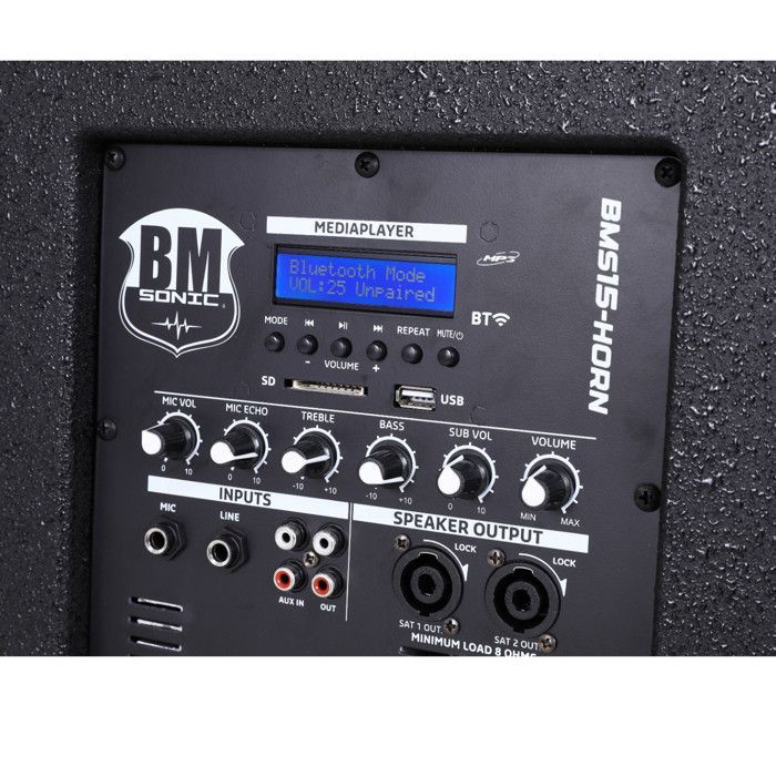 Pack Sonorisation DJ complet BM SONIC BMS15-HORN 1200W, Enceintes sat, Caisson 38cm USB/Bluetooth, Supports Câbles+Clé USB 32G