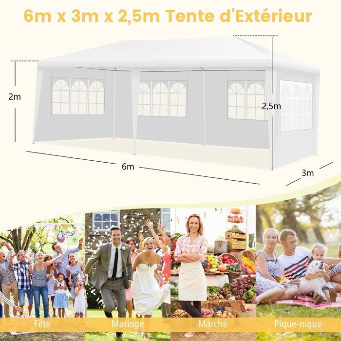 COSTWAY Waterproof Garden Gazebo 3x6M - 6 Removable Walls - Transparent Window - 2 Door Entrances - Parties, Weddings, Beach BBQs
