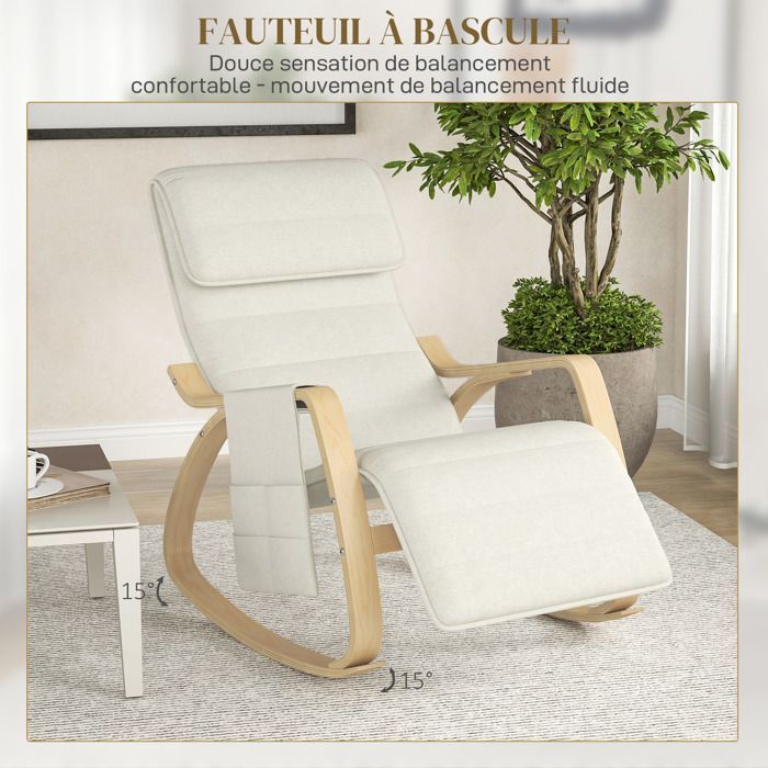 Sillón reclinable mecedor/silla de lactancia con reposapiés ajustable, bolsillo lateral y reposacabezas, color blanco crema.