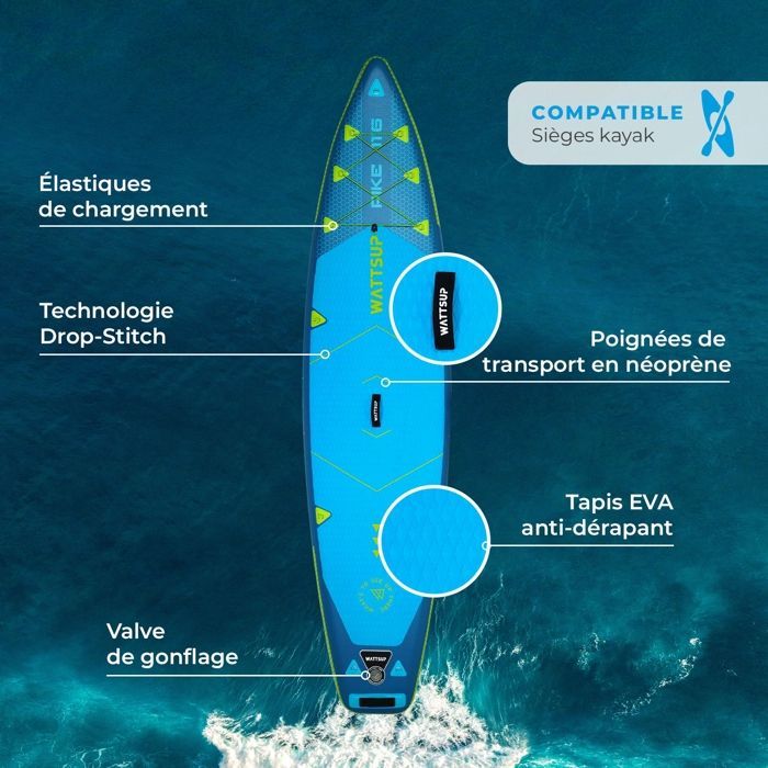 Stand Up Paddle WATTSUP gonflable Pike 11'6 - Mixte - Bleu/ Vert - 1 place - 13,5 kg