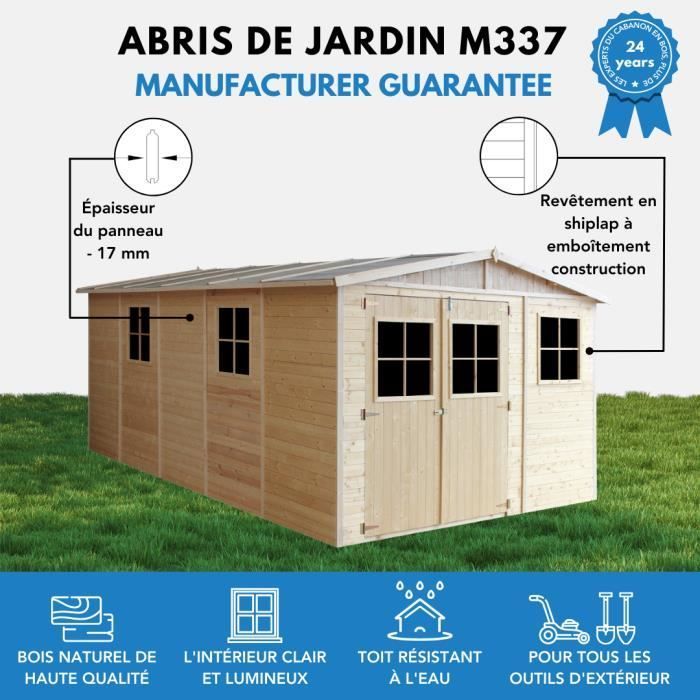 Abri de jardin en bois 14.94m² TIMBELA - Ep. 17 mm - Pin / épicéa - 324x516 cm - Construction de Panneaux - M337