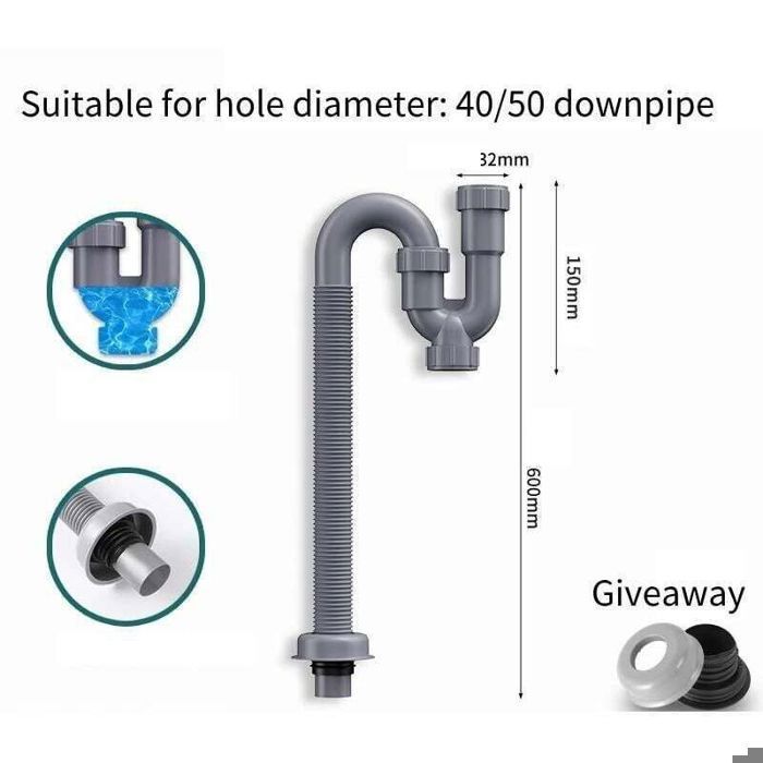 Siphon d'évier en U - Virex® - Tuyau flexible et extensible - Diamètre intérieur 32 mm - Longueur max 89 cm