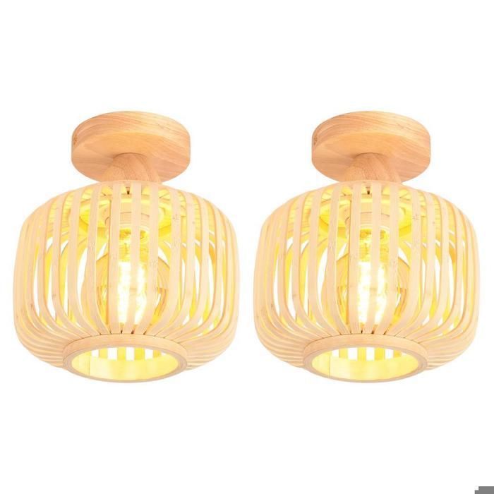 IDEGU 2pcs Rétro Plafonnier en Bois et Bambou Lustre Industriel E27 Luminaire Abat-Jour Design Cage pour Chambre Salon Entrée